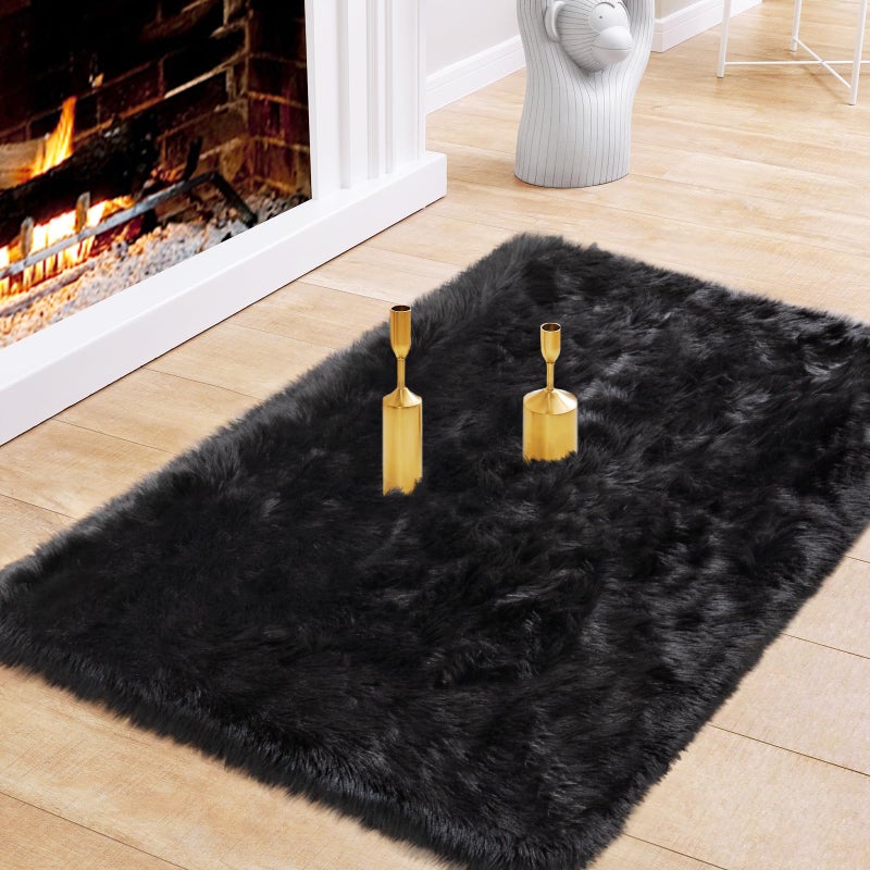 Ciicool Black Fur Fluffy Rug, 2x4 ft Small Faux Fur Rug for Bedroom, Washable Faux Sheepskin Rugs for Sofa Couch Seat Cushion, Thick Shaggy Furry Floor Carpets for Bedside Living Room - Image 1
